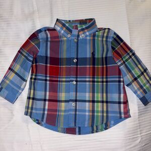 Ralph Lauren Polo Button Down Long Sleeve Sz 6 mos Blue Plaid Cute!!